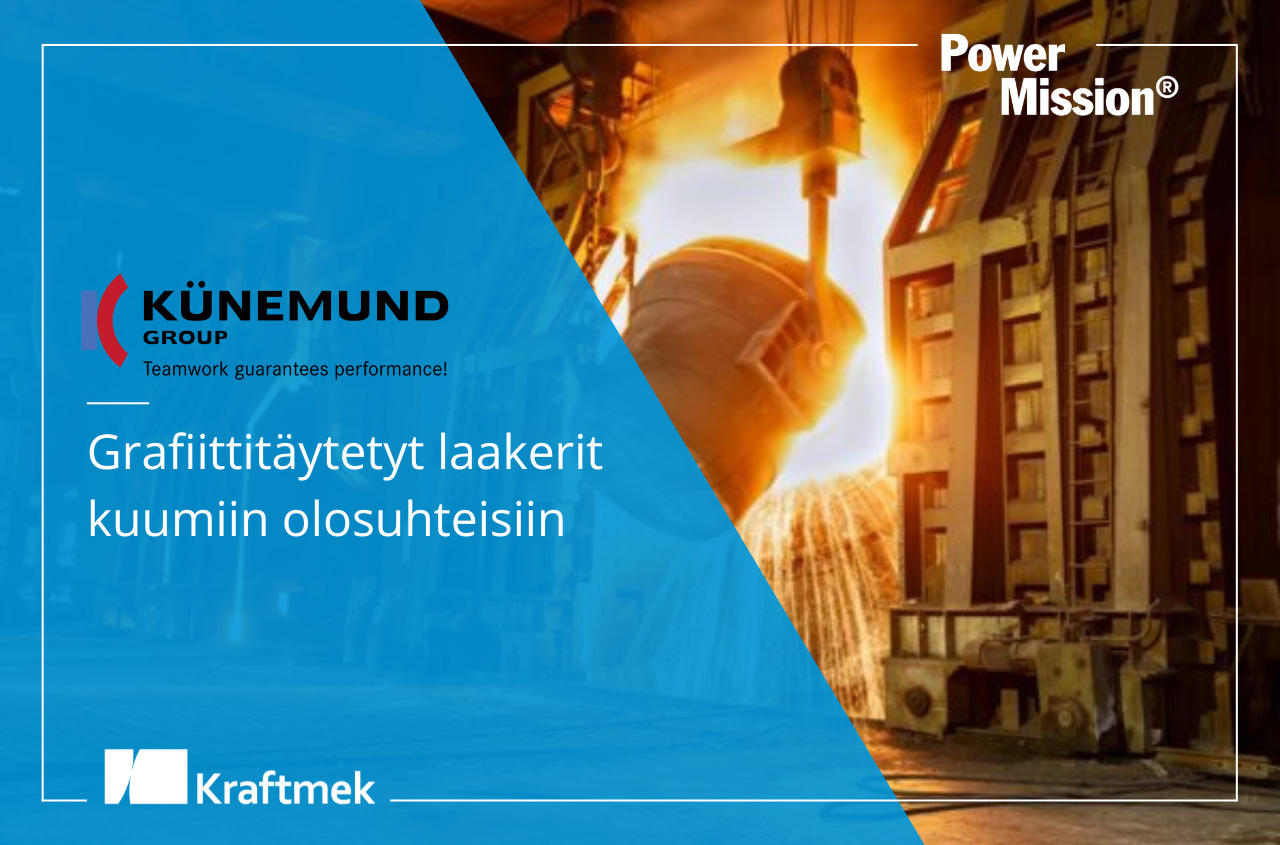 Industrial factory banner: blue overlay with diagonal cut revealing a furnace and worker; shows Kraftmek and Künemund Group logos and Finnish slogan about graphite bearings for hot conditions.